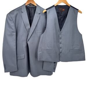 Tessori Italy Blazer Vest Set Super 150s Wool Gray Blue Houndstooth Mens 50 R